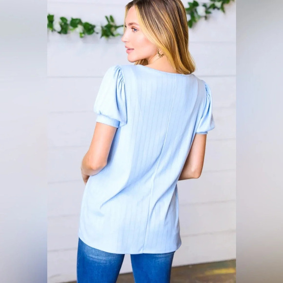 Haptics Light Blue Wide Rib Puff Sleeve Top, Size Medium - Picture 2 of 6